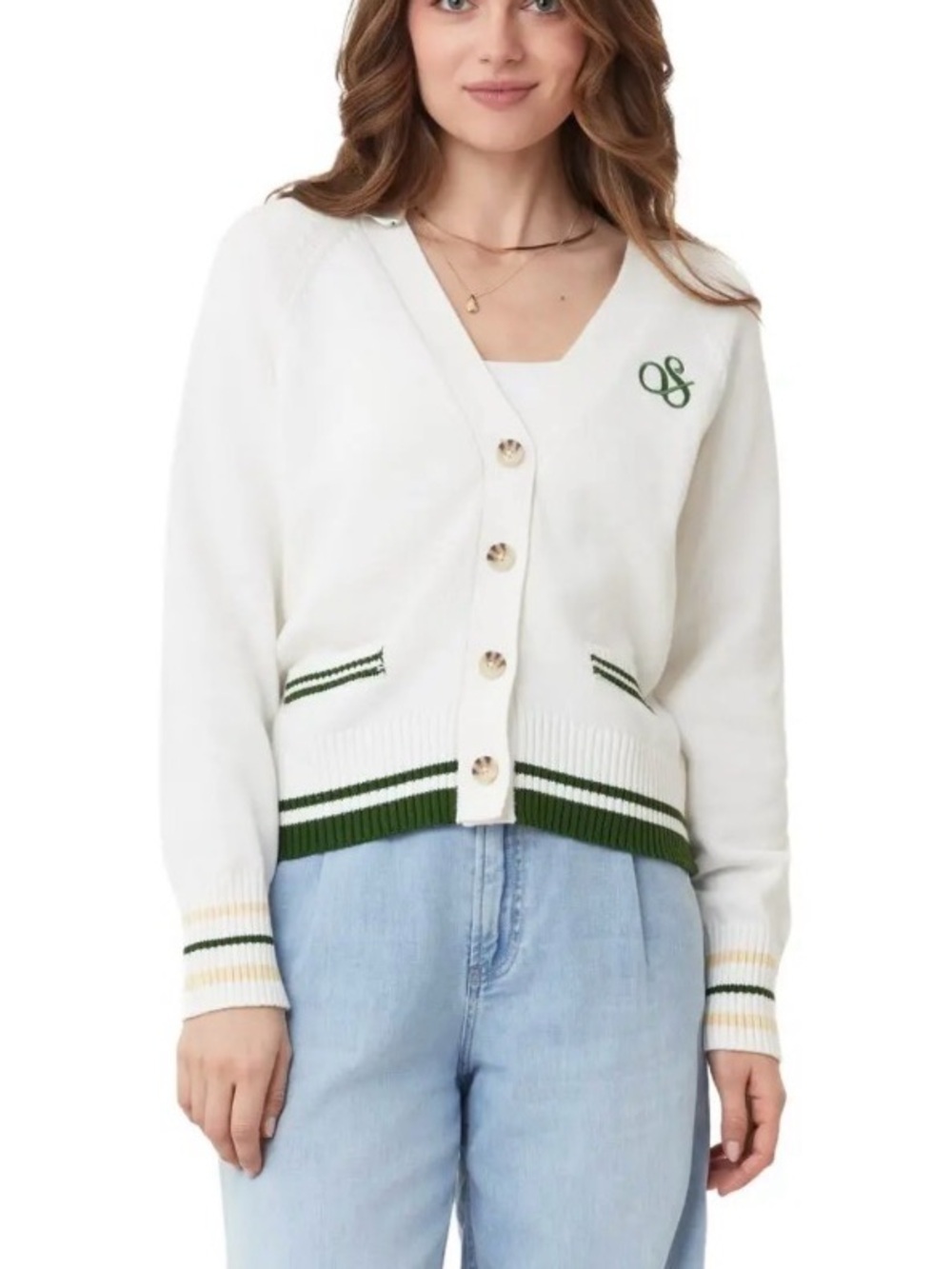 New! Scotch & Soda Amsterdam White Cardigan with Green Trim Small